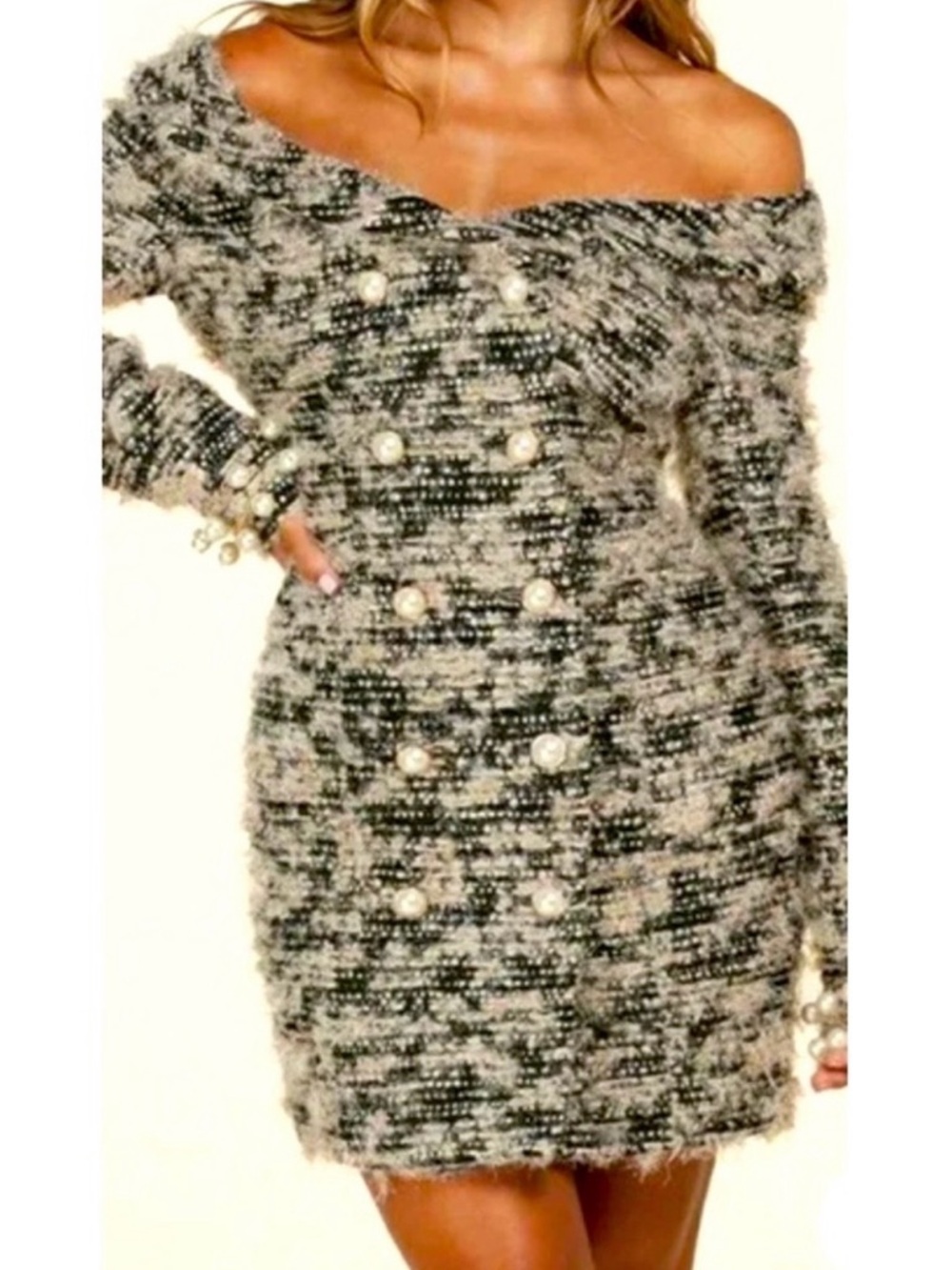 L'ATISTE Black and Ivory Metallic Bouclé Tweed Panel